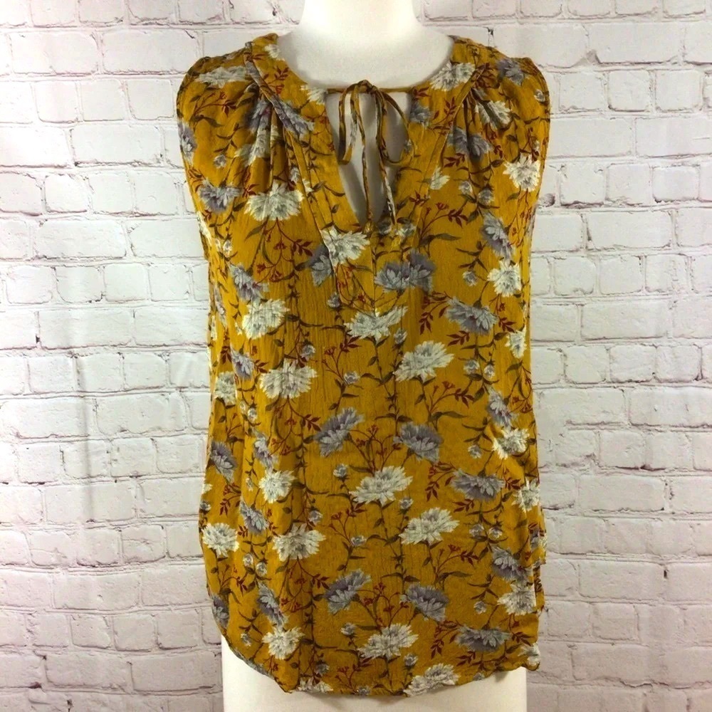 Old Navy Floral Sleeveless Tie Front Gold Rayon Top Size Small Petite